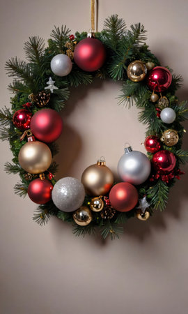 Photo Of Christmas Ornate Bauble Inside A Wreat. Generative AIの素材