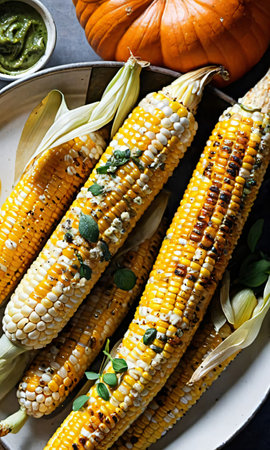 Thanksgiving Grilled Corn With Pumpkin Herb Butte. Generative AIの素材