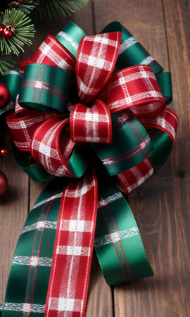 Photo Of Christmas Red And Green Plaid Ribbo. Generative AIの素材