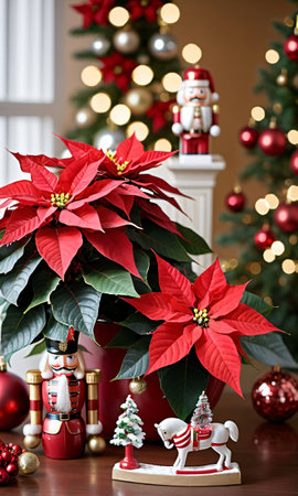 Photo Of Christmas Poinsettia Plant Next To A Nutcracke. Generative AIの素材