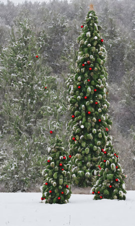 A Christmas Tree In A Snowy Field, Surrounded By Decorated Cacti. Generative AIの素材