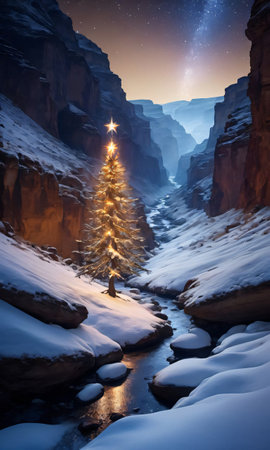 A Christmas Tree In A Snowy Canyon, Illuminated By Starlight. Generative AIの素材