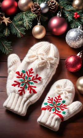 Photo Of Christmas Warm Mittens On A Wooden Tabl. Generative AIの素材