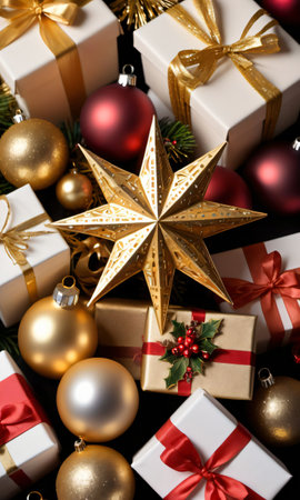 Photo Of Christmas Golden Star Atop A Pile Of Gift. Generative AIの素材
