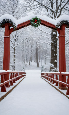 Photo Of Christmas Snow-Covered Bridge In A Par. Generative AIの素材