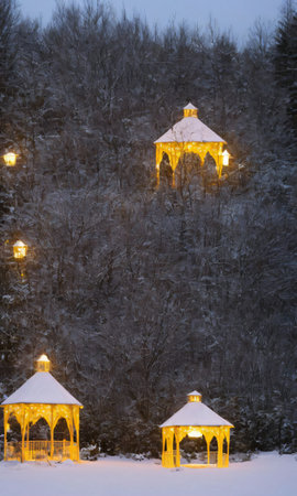 A Festive Gazebo In A Snowy Garden, Illuminated By Lanterns. Generative AIの素材