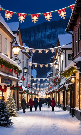 A Snowy Town With Streets Adorned With Lights And Festive Banners. Generative AIの素材