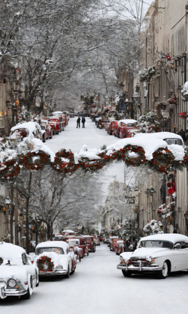 A Snowy Street With Vintage Cars Adorned With Wreaths And Ribbons. Generative AIの素材