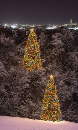 A Decorated Tree On A Snowy Hill With The City Lights In The Background. Generative AIの素材