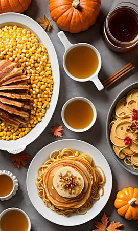 Thanksgiving Corn And Turkey Noodles Beside A Dish Of Pumpkin And Maple Syrup Pancake. Generative AIの素材