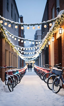 A Snowy Street With Bicycles Adorned With Lights And Garlands. Generative AIの素材