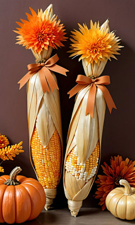 Thanksgiving Corn Husk Decorations With Small Pumpkin Accent. Generative AIの素材