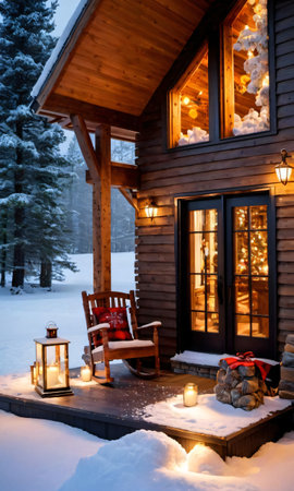 A Snowy Cabin With A Decorated Porch And Warm Interior Lighting. Generative AIの素材
