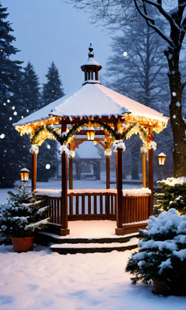 A Festive Gazebo In A Snowy Garden, Illuminated By Lanterns. Generative AIの素材