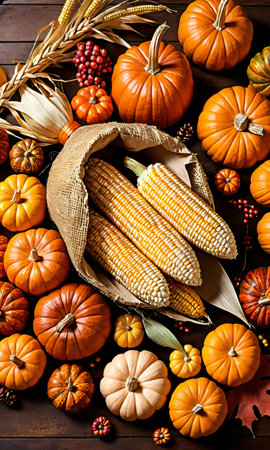 Thanksgiving Cornucopia Overflowing With Ears Of Corn And Pumpkin. Generative AIの素材
