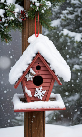 Photo Of Christmas Snow-Covered Birdhous. Generative AIの素材
