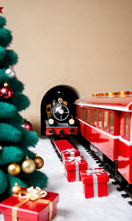 Photo Of Christmas Toy Train Going Through A Tunnel Of Gift. Generative AIの素材
