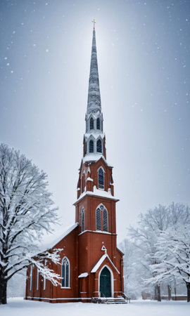 Photo Of Christmas Snow-Covered Church Steepl. Generative AIの素材