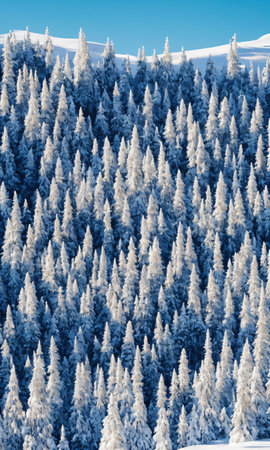 A Snowy Mountain Pass With Decorated Evergreen Trees. Generative AIの素材