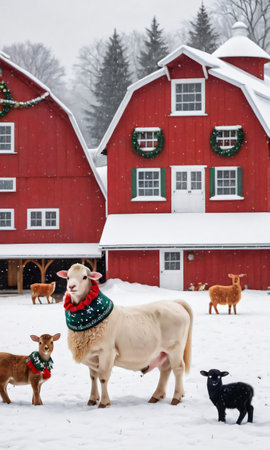 A Snowy Farm With Animals Adorned With Festive Collars. Generative AIの素材