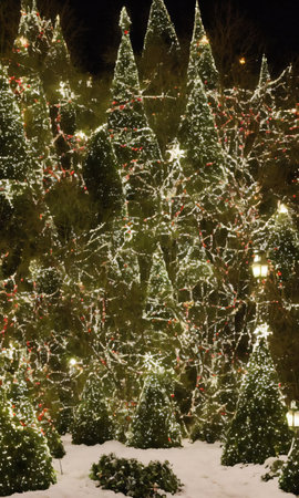 A Festive Garden With Snowy Topiaries And Twinkling Fairy Lights. Generative AIの素材