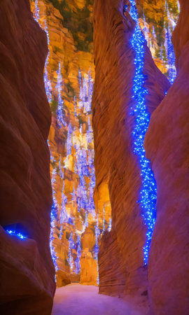 A Festive Canyon With Walls Adorned With Lights And Garlands. Generative AIの素材