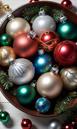 Photo Of Christmas Glistening Ornaments In A Bow. Generative AIの素材