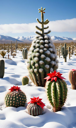 A Christmas Tree In A Snowy Field, Surrounded By Decorated Cacti. Generative AIの素材