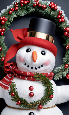 Photo Of Christmas Snowman Wearing A Wreath As A Necklac. Generative AIの素材