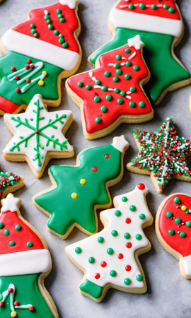 Photo Of Christmas Iced Sugar Cookies With Sprinkle. Generative AIの素材