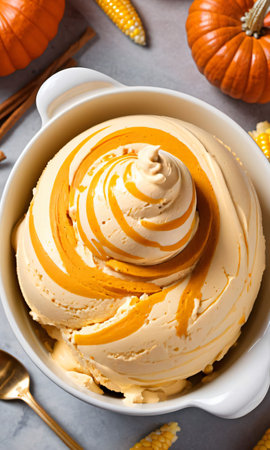 Thanksgiving Pumpkin And Corn Ice Cream Swir. Generative AIの素材