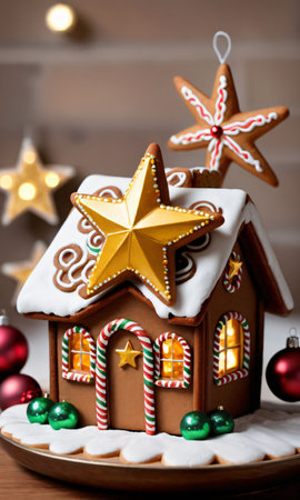 Photo Of Christmas Golden Star Atop A Gingerbread Hous. Generative AIの素材