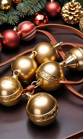 Photo Of Christmas Golden Sleigh Bells On A Leather Stra. Generative AIの素材