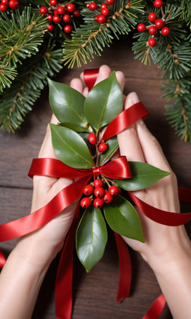 Photo Of Christmas Red Ribbon Tying A Bunch Of Mistleto. Generative AIの素材