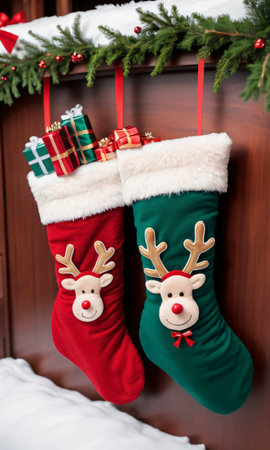 Photo Of Christmas Stockings Hanging From A Sleig. Generative AIの素材