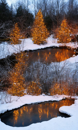 A Festive Pond With Snowy Banks Adorned With Lights And Ribbons. Generative AIの素材