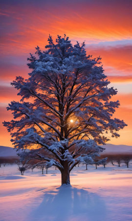A Decorated Tree On A Snowy Plain, Under A Colorful Sunrise. Generative AIの素材
