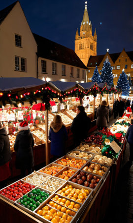 Photo Of Christmas Christmas Market Stalls At Nigh. Generative AIの素材
