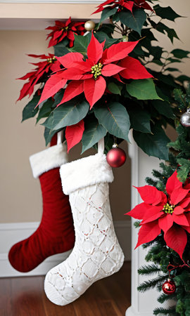 Photo Of Christmas Stockings Hanging Near A Poinsettia Plan. Generative AIの素材