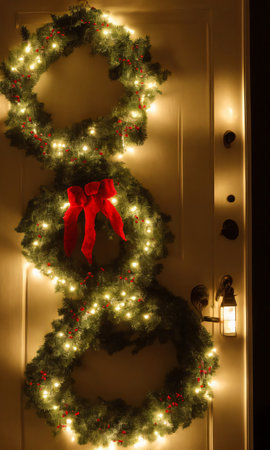 A Christmas Wreath On A Door, Illuminated By The Warm, Inviting Lights From Inside The House. Generative AIの素材