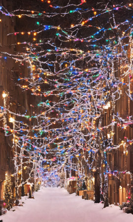 A Snowy Street With Bicycles Adorned With Lights And Garlands. Generative AIの素材