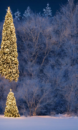 A Christmas Tree Glowing Under The Soft Moonlight, Casting Long Shadows On The Snowy Ground. Generative AIの素材