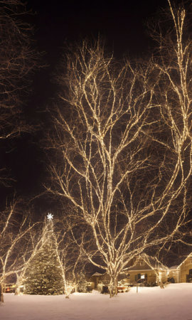 Christmas Lights Twinkling Brightly Against The Backdrop Of A Snowy Evening. Generative AIの素材
