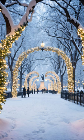 A Snowy City Park With Statues Adorned With Lights And Garlands. Generative AIの素材