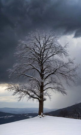 A Decorated Tree On A Snowy Hill, Under A Stormy Sky. Generative AIの素材