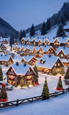 A Snowy Village With Homes Adorned With Lights And Festive Decorations. Generative AIの素材
