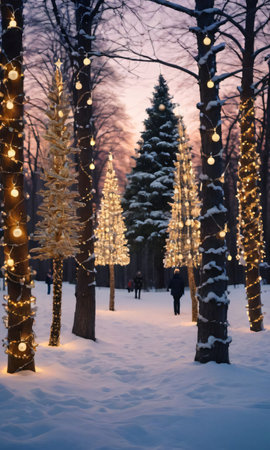A Festive Forest With Trees Adorned With Ornaments And Lights At Dusk. Generative AIの素材