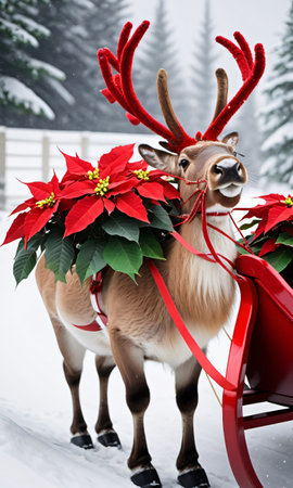 Photo Of Christmas Reindeer Pulling A Sleigh Of Poinsettia Plant. Generative AIの素材