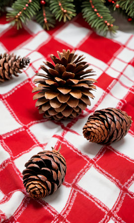 Photo Of Christmas Pinecone Decorations On A Festive Tableclot. Generative AIの素材