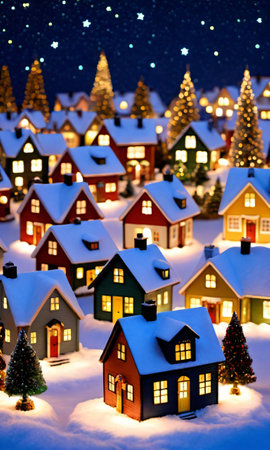 A Christmas Village Display, The Miniature Houses Warmly Lit, With A Backdrop Of A Starry Night. Generative AIの素材